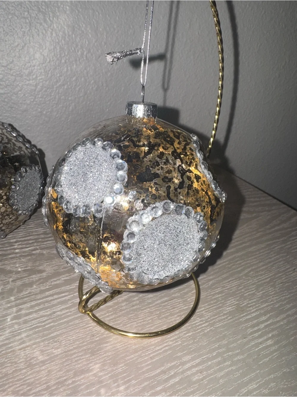 Silver mercury glass, Christmas ornament with beaded crystal set of 6